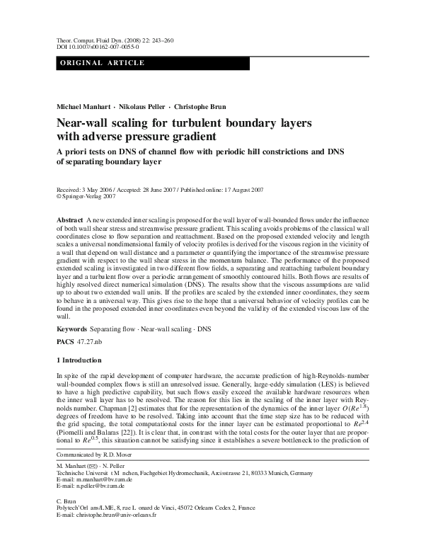 (PDF) Near-wall scaling for turbulent boundary layers with adverse ...