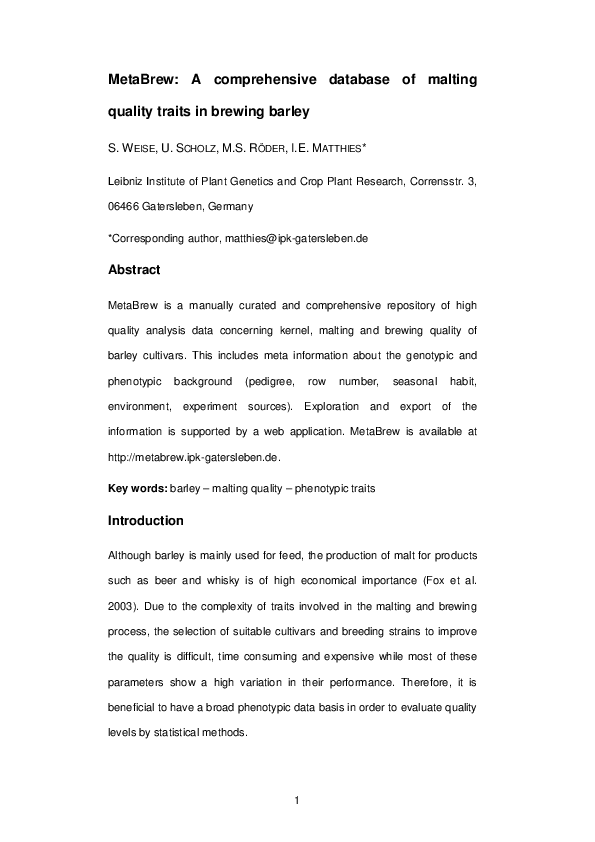 (PDF) MetaBrew: a comprehensive database of malting quality traits in ...