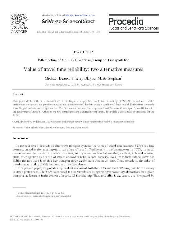 (PDF) Value of Travel Time Reliability: Two Alternative Measures