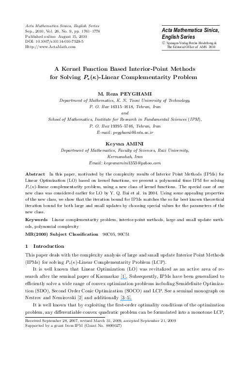 (PDF) A kernel function based Interior-Point Methods for solving P *(κ ...