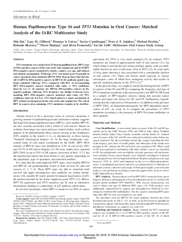 (PDF) Human Papillomavirus Type 16 and TP53 Mutation in Oral Cancer ...
