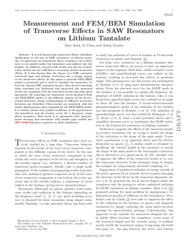 (PDF) Measurement and FEM/BEM simulation of transverse effects in SAW ...