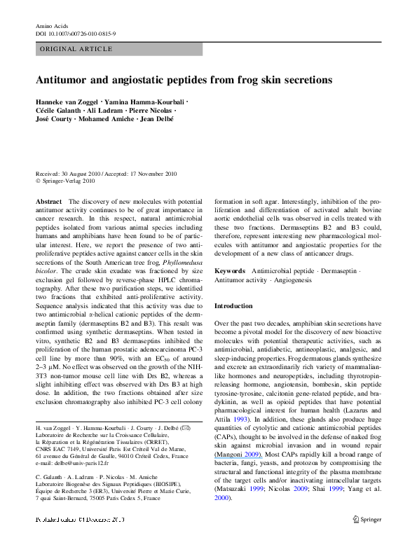 (PDF) Antitumor and angiostatic peptides from frog skin secretions