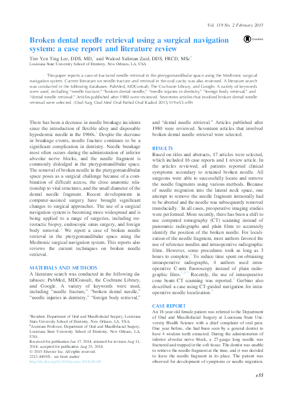 (PDF) Broken dental needle retrieval using a surgical navigation system