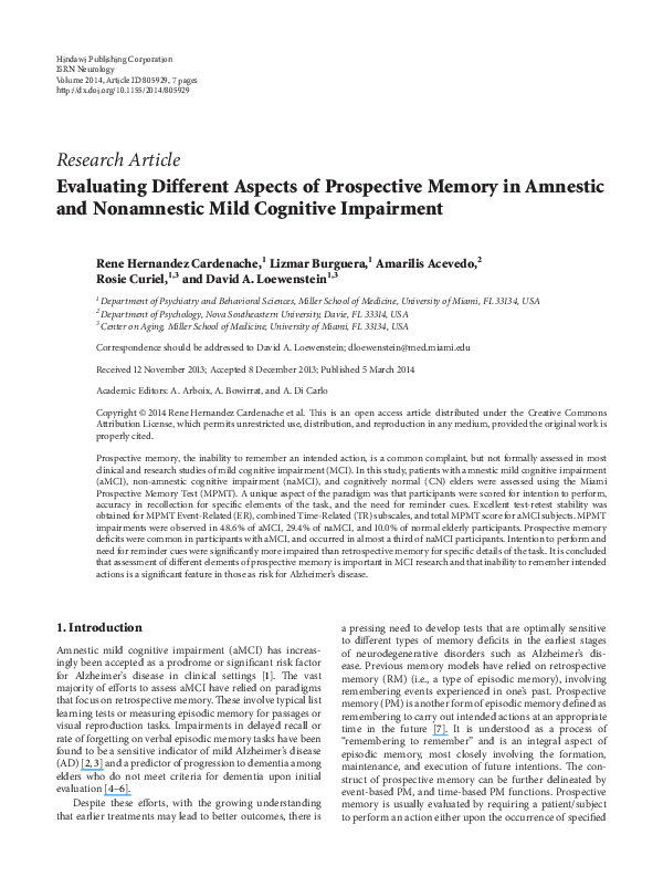 (PDF) Evaluating Different Aspects of Prospective Memory in Amnestic ...