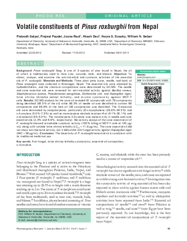 (PDF) Volatile constituents of Pinus roxburghii from Nepal
