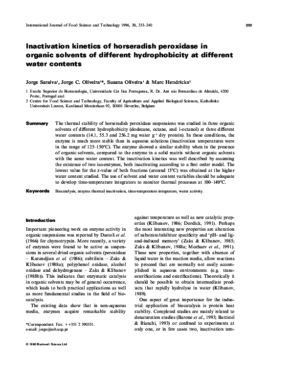 (PDF) Inactivation of horseradish peroxidase in organic