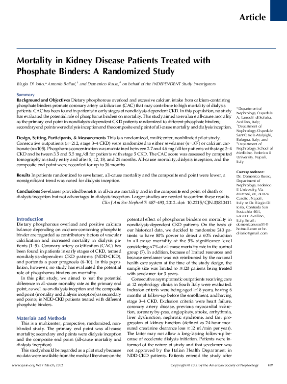 (PDF) Sevelamer Versus Calcium Carbonate in Incident Hemodialysis