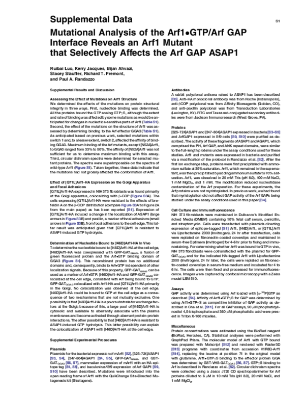 (PDF) Mutational Analysis of the Arf1•GTP/Arf GAP Interface Reveals an ...