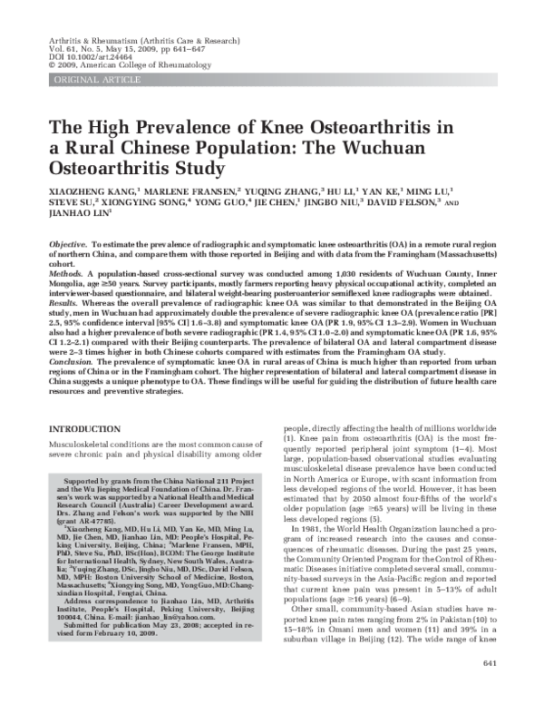 (PDF) The high prevalence of knee osteoarthritis in a rural Chinese ...