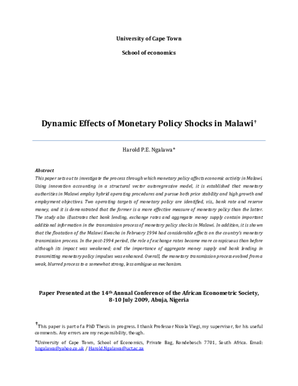 (PDF) DYNAMIC EFFECTS OF MONETARY POLICY SHOCKS IN MALAWI