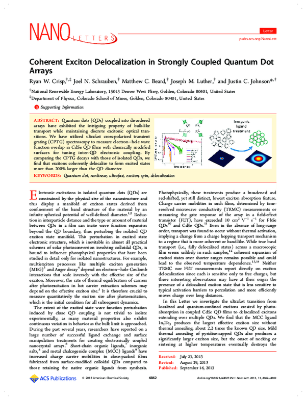 (PDF) Coherent Exciton Delocalization in Strongly Coupled Quantum Dot ...