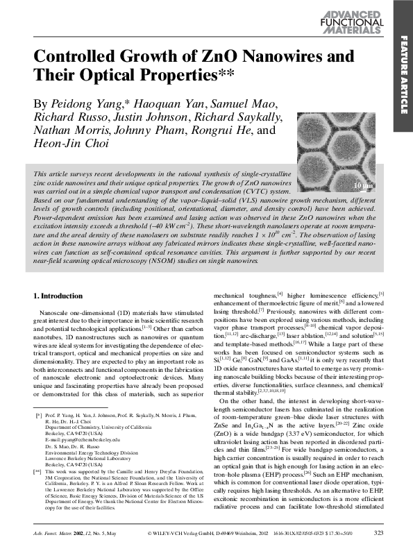 (PDF) Controlled Growth of ZnO Nanowires and Their Optical Properties