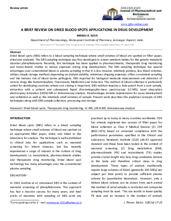 (PDF) A BRIEF REVIEW ON DRIED BLOOD SPOTS APPLICATIONS IN DRUG DEVELOPMENT
