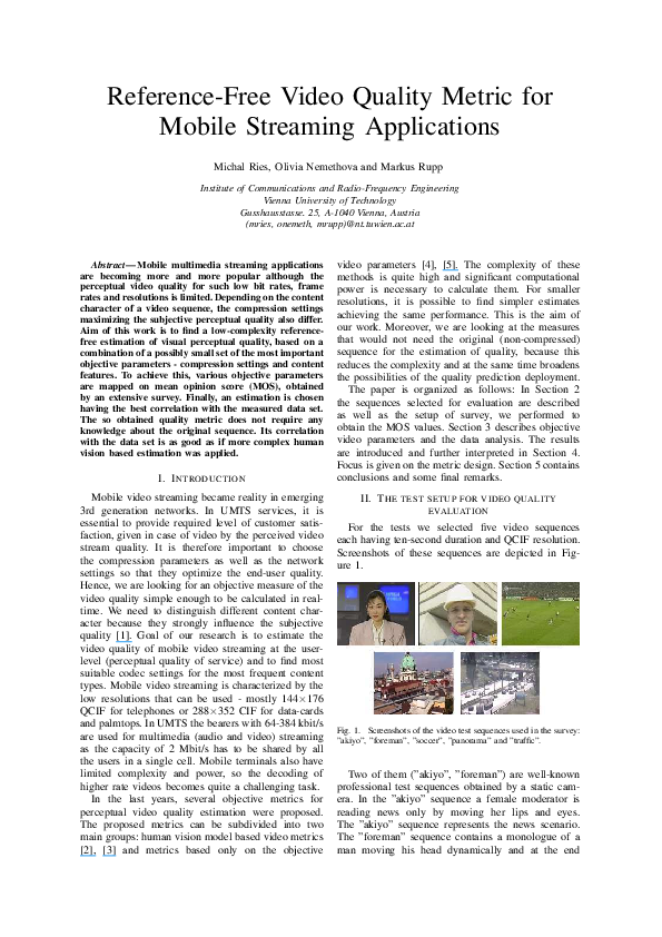 (PDF) Reference-Free Video Quality Metric for Mobile Streaming Applications