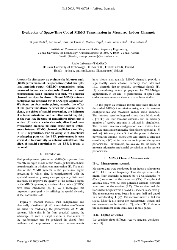 (PDF) Evaluation of Space-Time Coded MIMO Transmission in Measured ...