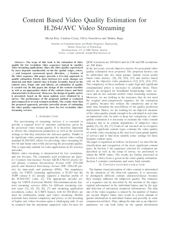 (PDF) Content Based Video Quality Estimation for H.264/AVC Video Streaming