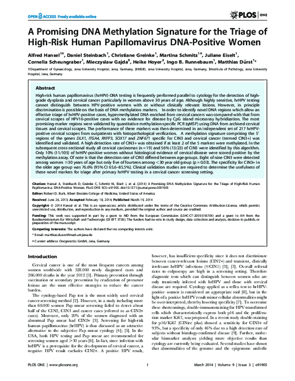 (PDF) A Promising DNA Methylation Signature for the Triage of High-Risk ...