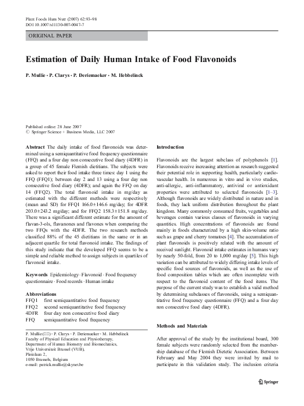 (PDF) Estimation of daily human intake of food flavonoids Peter
