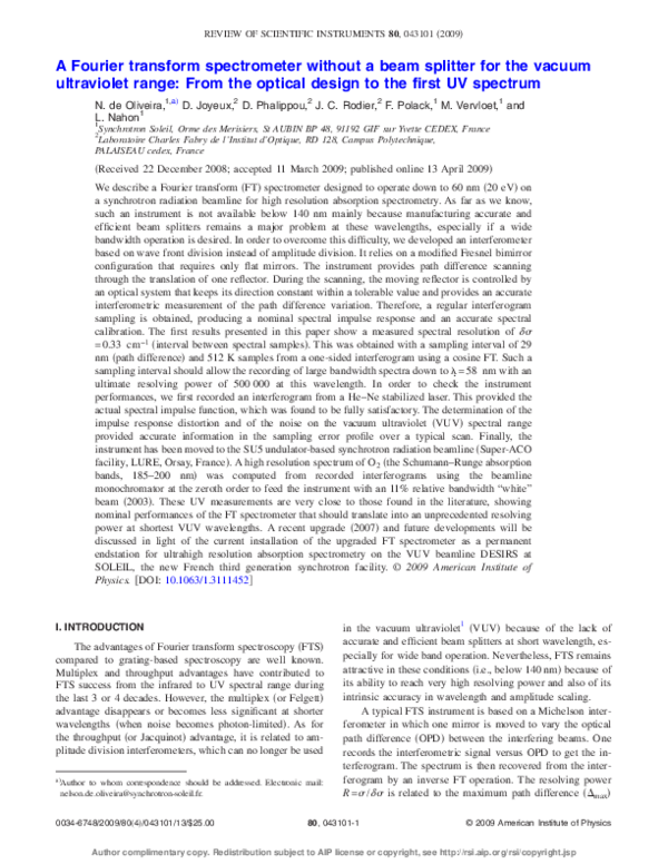 (PDF) A Fourier transform spectrometer without a beam splitter for the ...