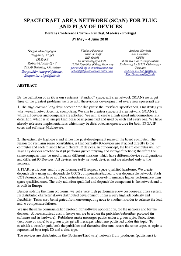(PDF) SPACECRAFT AREA NETWORK (SCAN) FOR PLUG AND PLAY OF DEVICES