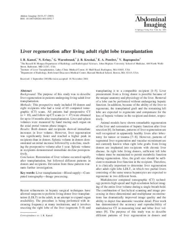 (PDF) Liver regeneration after living adult right lobe transplantation Vassilios Raptopoulos