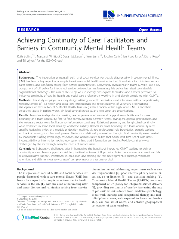 (PDF) Achieving Continuity of Care: Facilitators and Barriers in ...