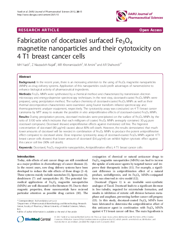 (PDF) Fabrication of docetaxel surfaced Fe3O4 magnetite nanoparticles ...