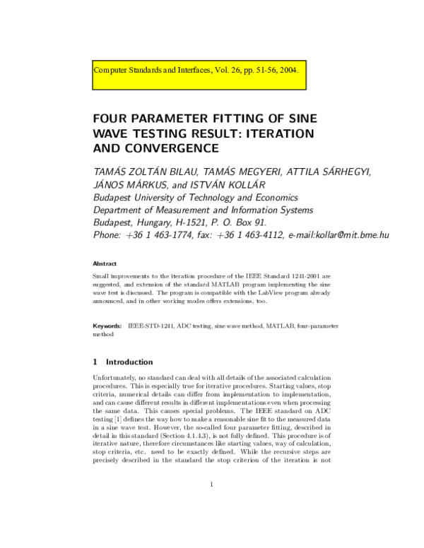 (PDF) Four-parameter fitting of sine wave testing result: iteration and ...