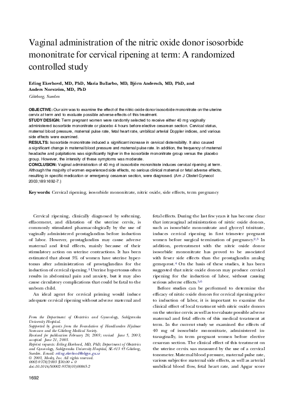 (PDF) Intracervical application of the nitric oxide donor isosorbide dinitrate for induction of