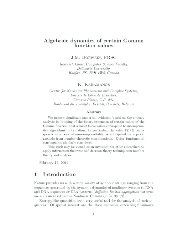 (PDF) Algebraic Dynamics of Certain Gamma Function Values