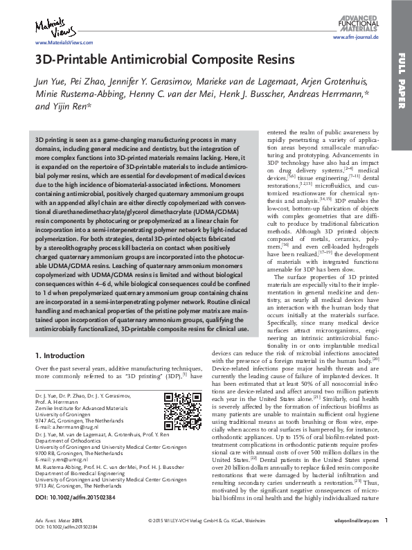 (PDF) 3D‐Printable Antimicrobial Composite Resins