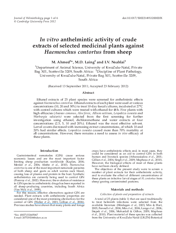 (PDF) In vitro anthelmintic activity of crude extracts of selected ...