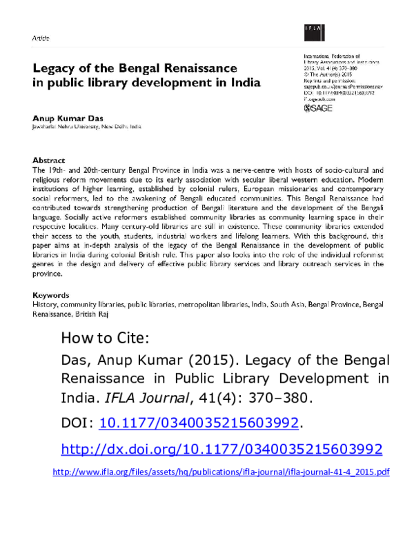 (PDF) Legacy of the Bengal Renaissance in Public Library Development in ...