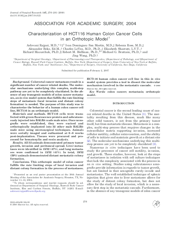 (PDF) Characterization of HCT116 Human Colon Cancer Cells in an ...