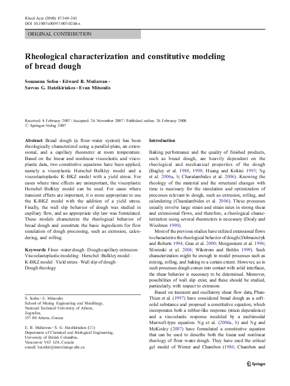 (PDF) Rheological characterization and constitutive modeling of bread dough