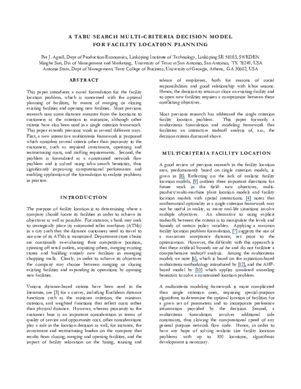 (PDF) A Tabu Search Multi-Criteria Decision Model for Facility Location ...