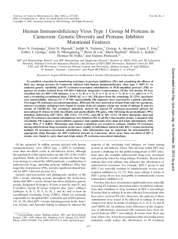 (PDF) Human Immunodeficiency Virus Type 1 Group M Protease in Cameroon ...