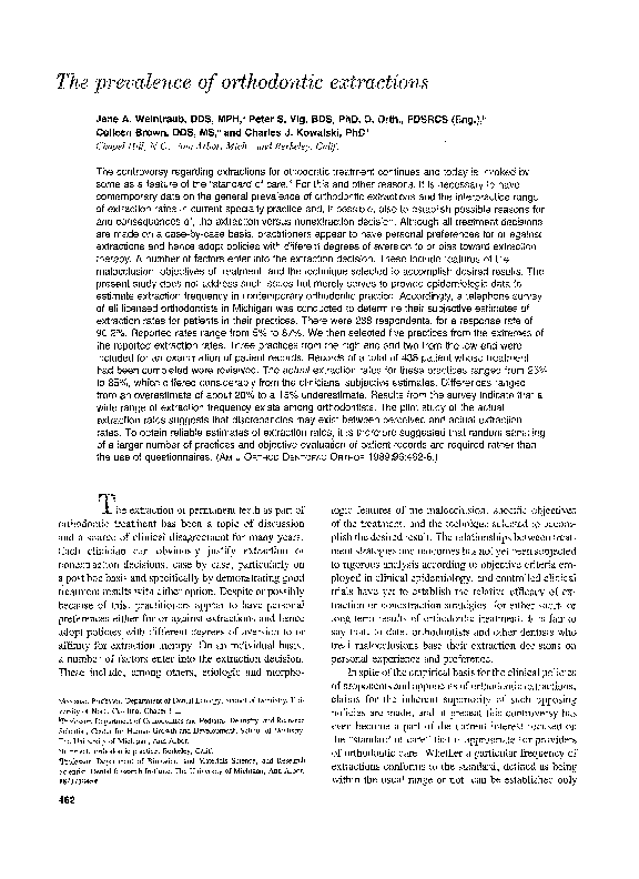 (PDF) The prevalence of orthodontic extractions Charles Kowalski
