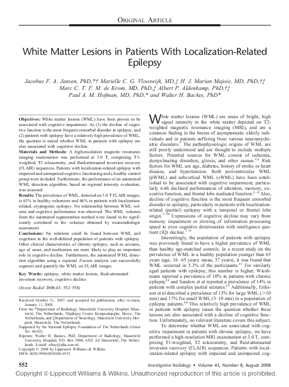 (PDF) White Matter Lesions in Patients With Localization-Related Epilepsy