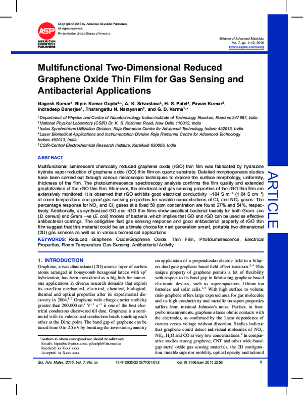 (PDF) Multifunctional Two-Dimensional Reduced Graphene Oxide Thin Film ...