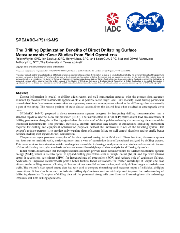 (PDF) The Drilling Optimization Benefits of Direct Drillstring Surface