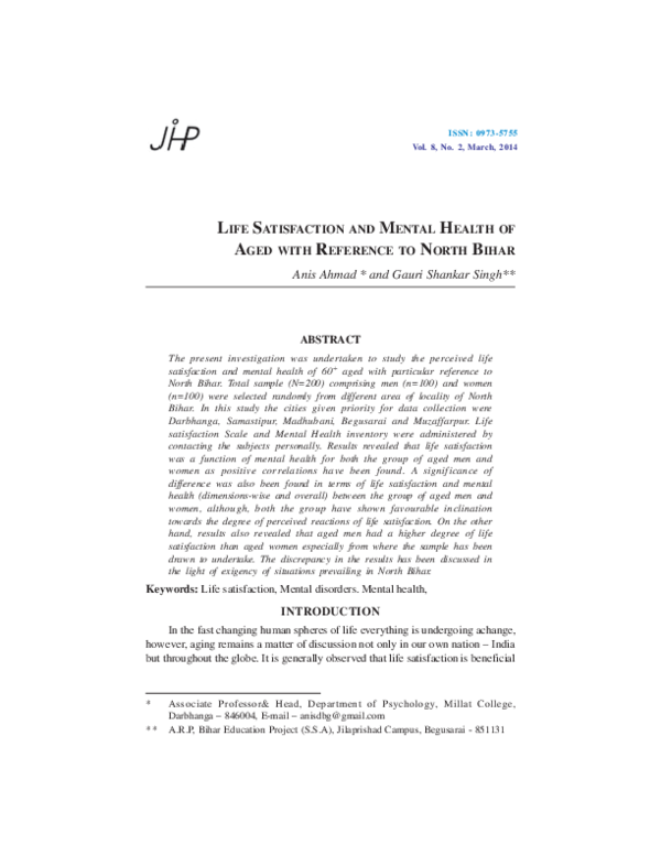 (PDF) LIFE SATISFACTION AND MENTAL HEALTH OF AGED WITH REFERENCE TO ...