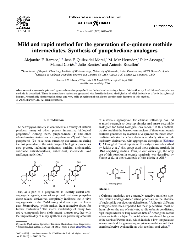 (PDF) Mild and rapid method for the generation of oquinone methide