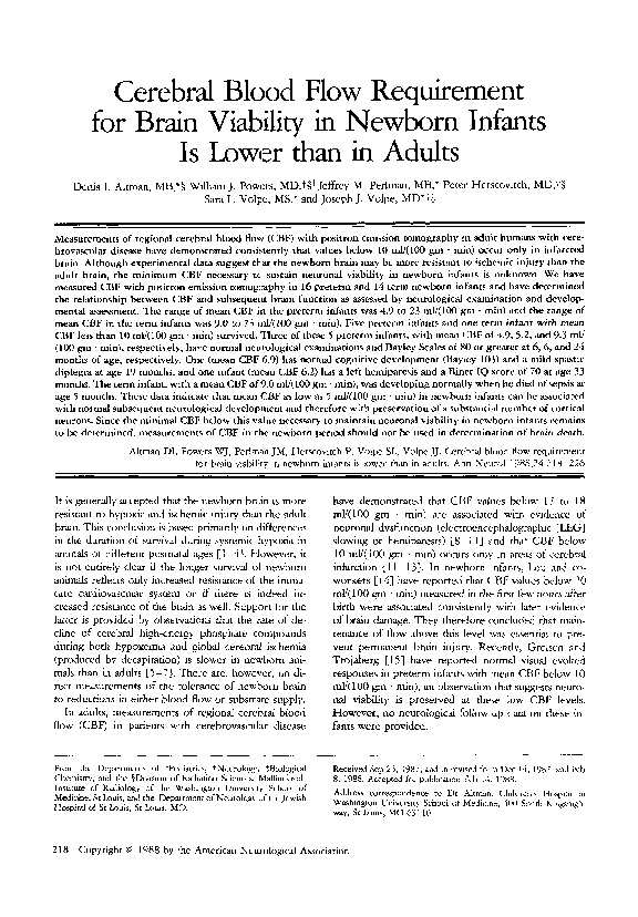 (PDF) Cerebral blood flow requirement for brain viability in newborn ...