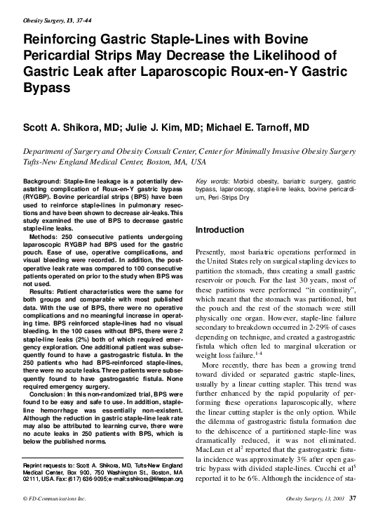 (PDF) Reinforcing Gastric Staple-Lines with Bovine Pericardial Strips ...