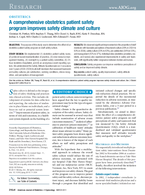 (PDF) A comprehensive obstetrics patient safety program improves safety climate and culture