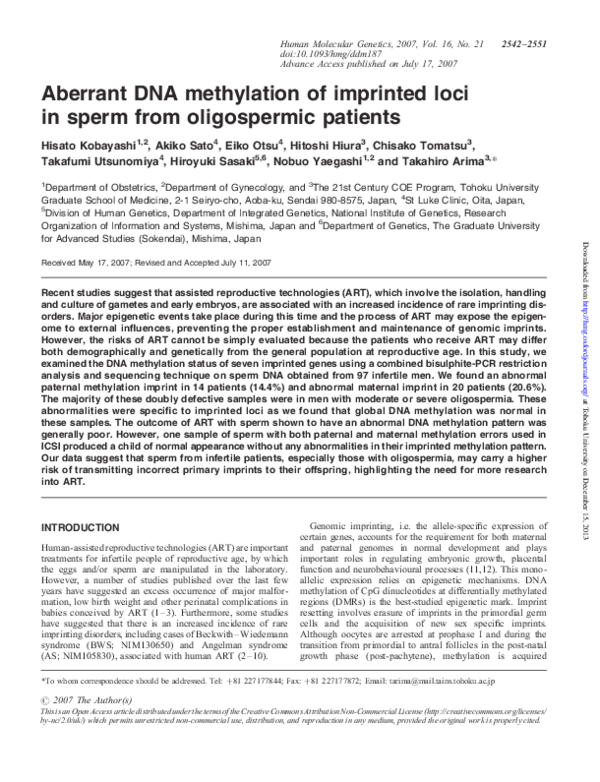 (PDF) Aberrant DNA methylation of imprinted loci in sperm from ...