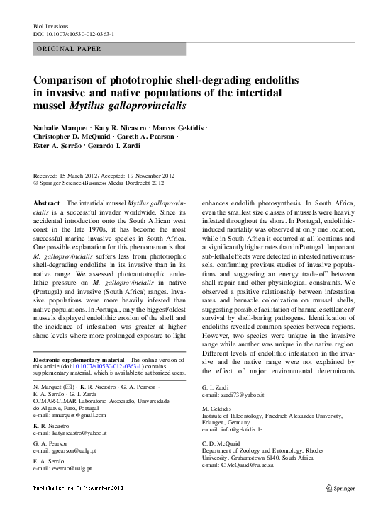 (PDF) Comparison of phototrophic shell-degrading endoliths in invasive ...