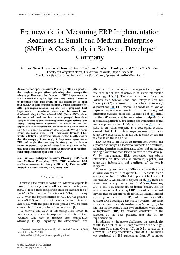 (PDF) Framework for Measuring ERP Implementation Readiness in Small and ...